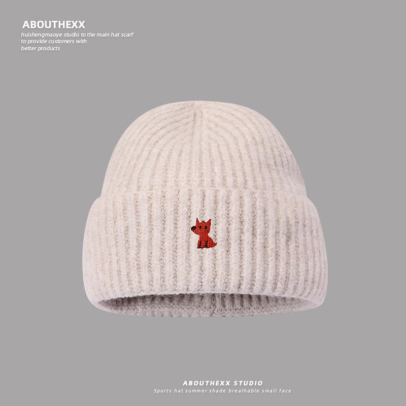 Autumn and Winter Warm Knitted Hats for Men and Women Korean Style Small Fox Embroidered Loose Big Head Circumference Woolen Hat Ins Trend