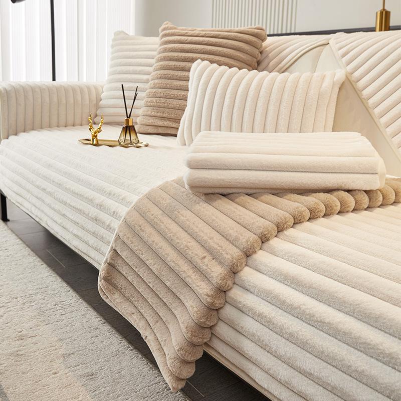 1pc Modern Plush Striped Sofa Cover, Flannel Protector for Loveseat & Sofa,All-Season Furniture Cover for Living Room, Bedroom, Office Decor