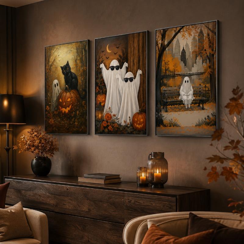 Funny Ghost Black Cat Canvas Gallery Wall Print Sunglasses Pumpkin Bat Vintage Wall Art Farmhouse Halloween Fall Home Decor Gift
