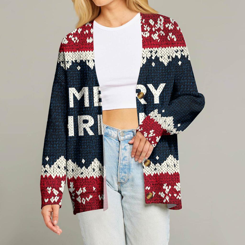 Women's Fashion Long Sleeve Christmas Print V-Neck Button Loose Cardigan Top
