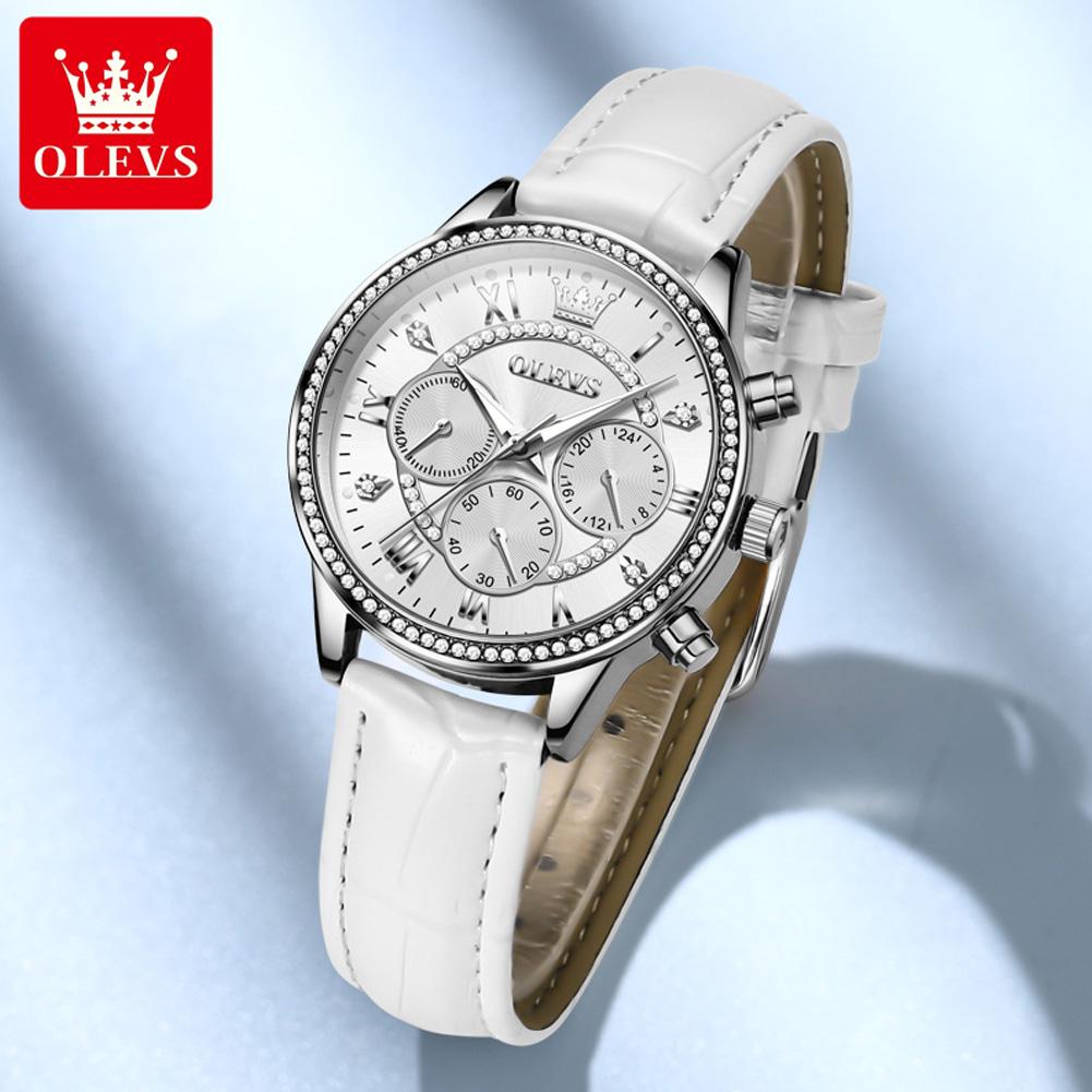 Women's Watches Fashion Elegant Diamond Bezel Watch for Ladies Soft Leather Strap Waterproof Luminous Chronograph