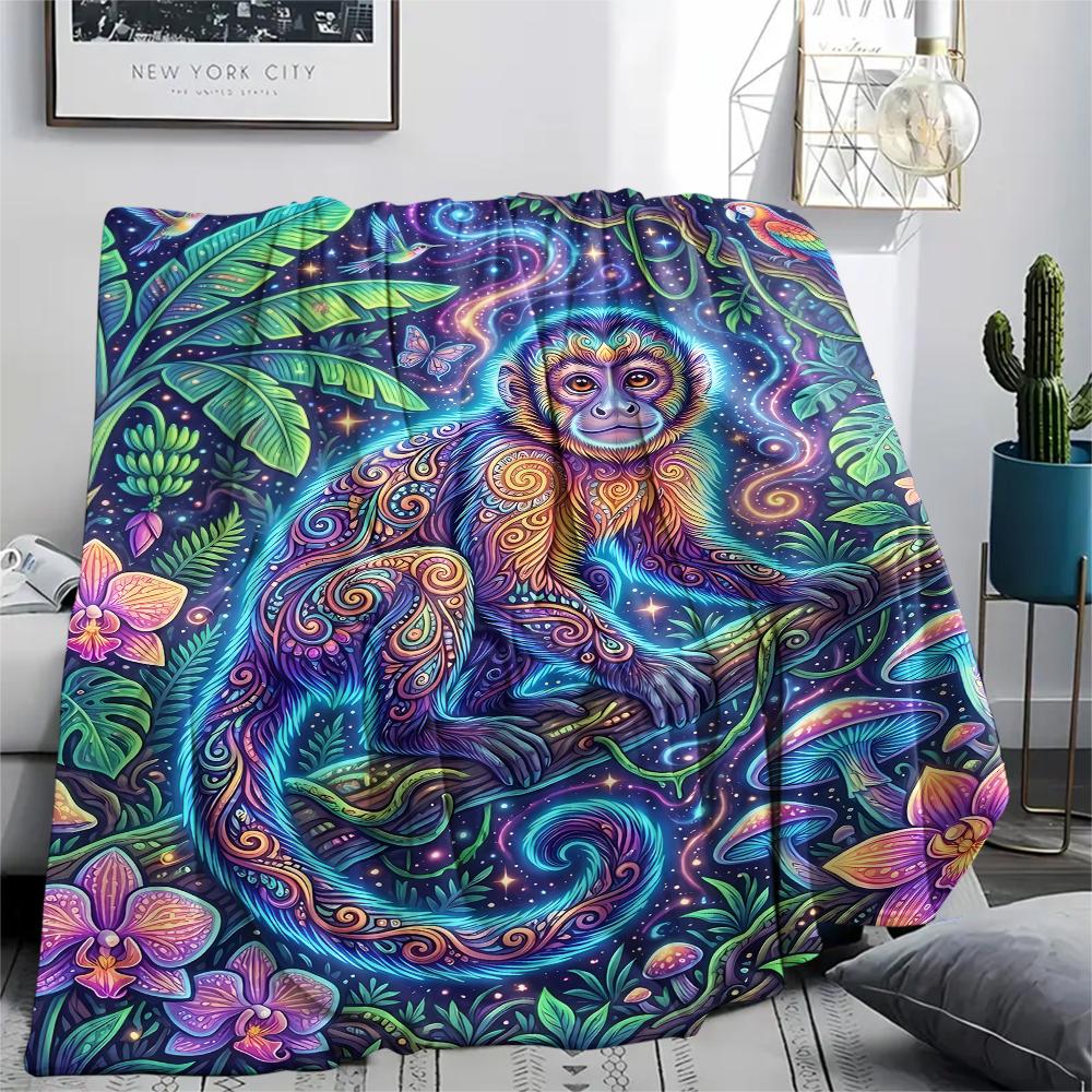 Colorful Fox Tiger Wolf MonkeyPrint Flannel Blanket,High quality Comfortable for All Seasons,Home Decor,Warmth and Comfort,Perfect for Christmas Gifts