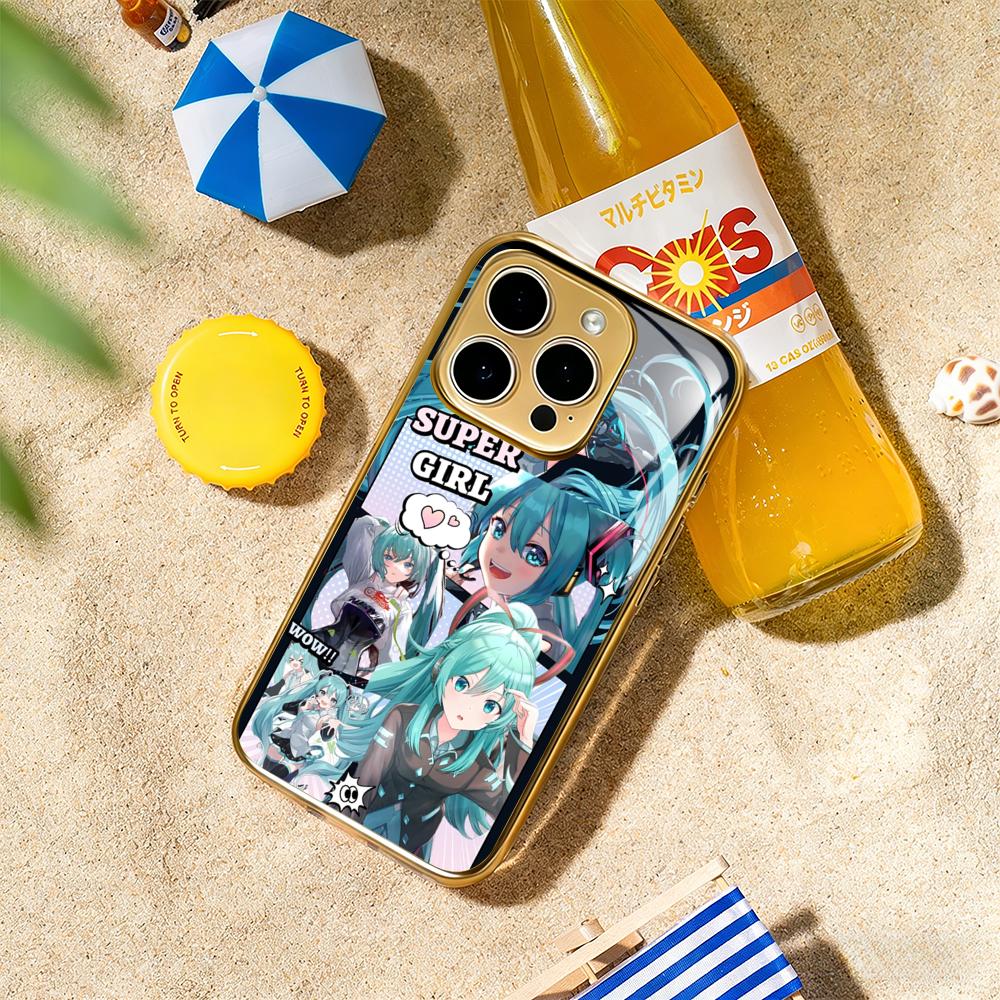 Japan beauty M-MikuES cute girl anime Phone Case For iphone 17 16 15 14 13 12 11Pro Plus Max Gold-plated glass Phone Case