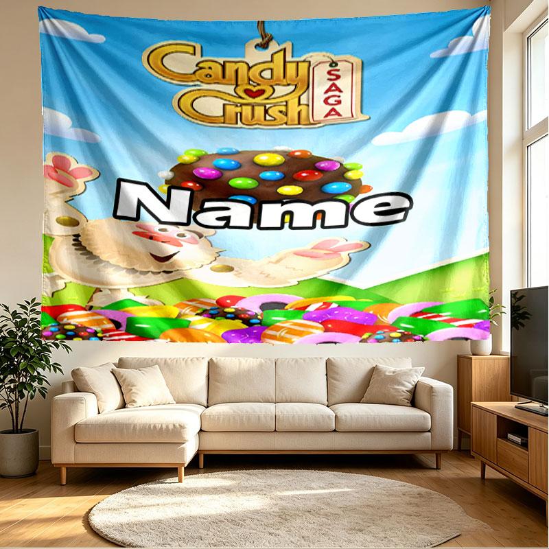 Custom Name Personalized Candy Crush Saga Print Tapestry, Wall Art Decor, Bedroom, Dorm, Apartment, LivingRoom, Party Backdrop, Gift for Birthday