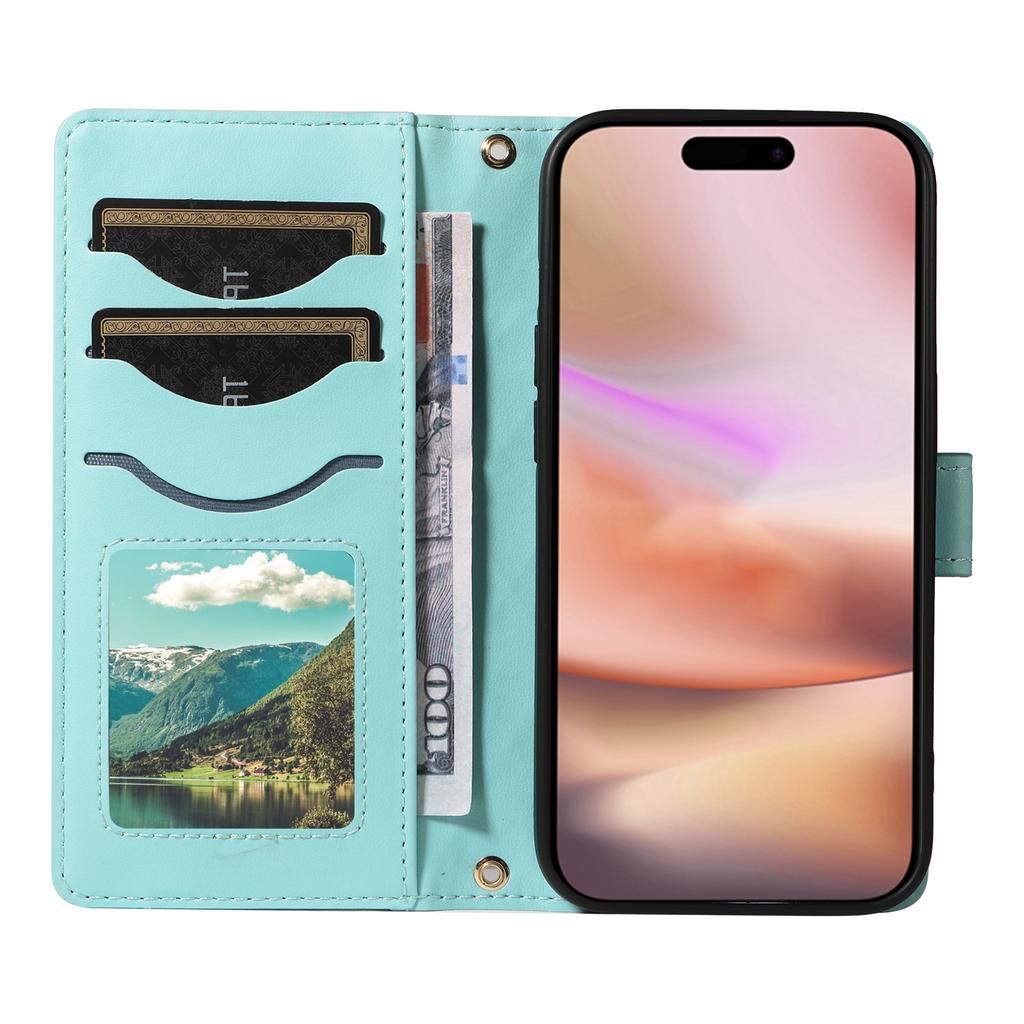 For iPhone 16 Case Wallet Quilted Leather Phone Cover with Shoulder Strap, Wrist Strap