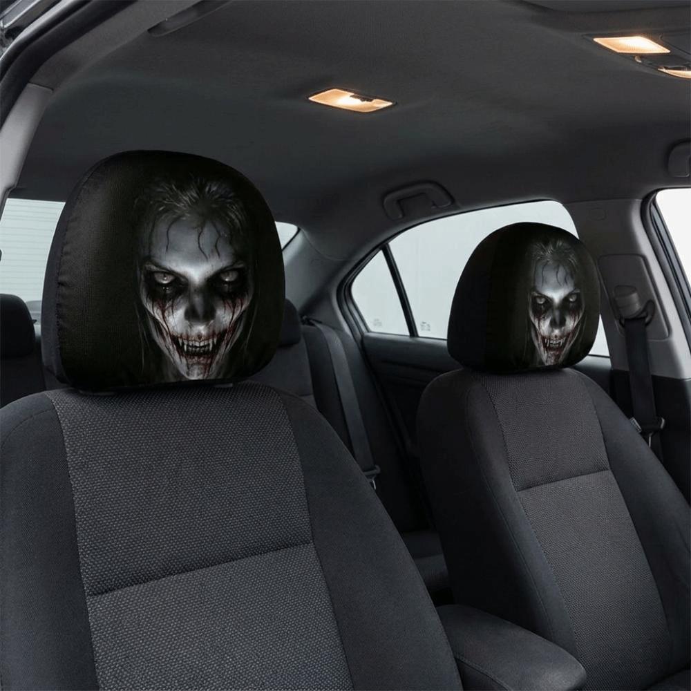 2PCS Full Coverage Ghost Car Pillowcase Stain-Proof Seat Headrest Protectors Family Road Trips