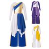 Girls Praise Dance Costume Long Sleeve Metallic Asymmetrical Dress Contrast Color Patchwork Wide Leg Pants