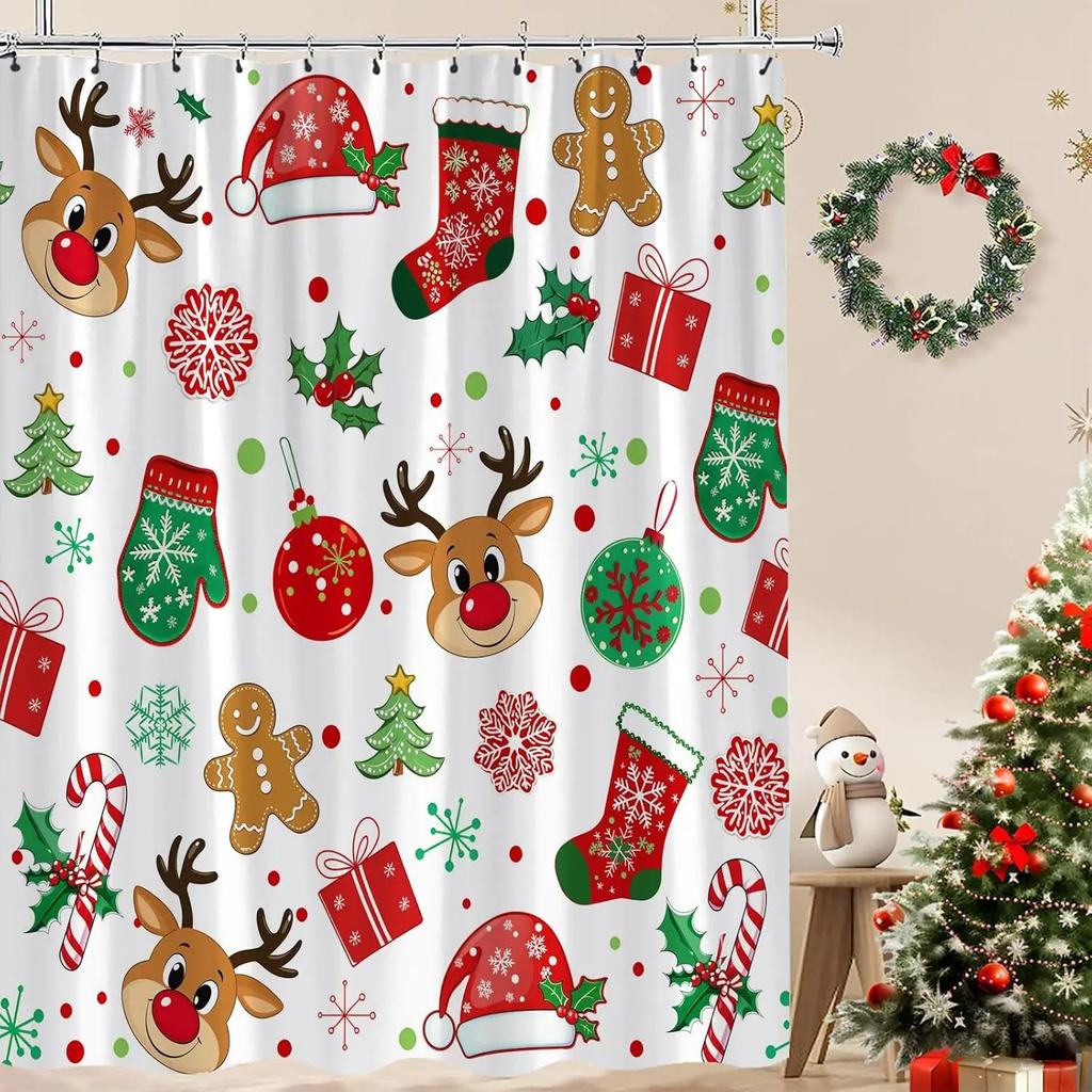 Christmas Shower Curtain Cute Reindeer Cookies Snowflake Red Green Xmas Balls Pine Tree Candy Holly Berry Winter Holiday Happy