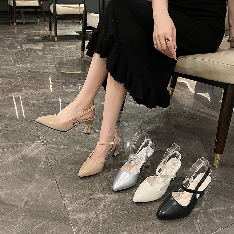 Французские туфли на высоком каблуке женские на тонком каблуке с закрытым носком сандалии 2025 лето новые с острым носком большого размера простые модные на низком каблуке одинарные туфли