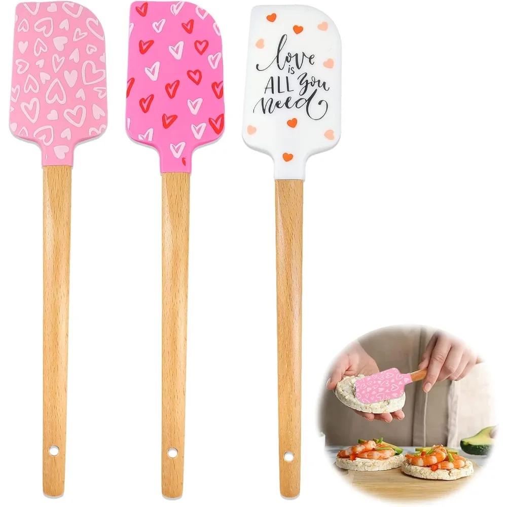 Набор из 3 силиконовых лопаток с деревянными ручками, термостойкие кулинарные лопатки с розовыми атласными бантами для выпечки и приготовления пищи
