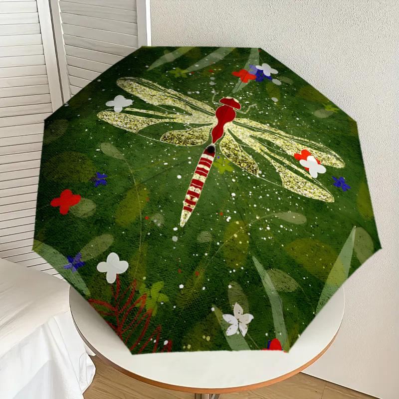 1pc Dragonfly, Flowers Automatic Open/Close Umbrella with Windproof, 8-Rib Sturdy Canopy, Durable Ribs, Fashionable Design1175A