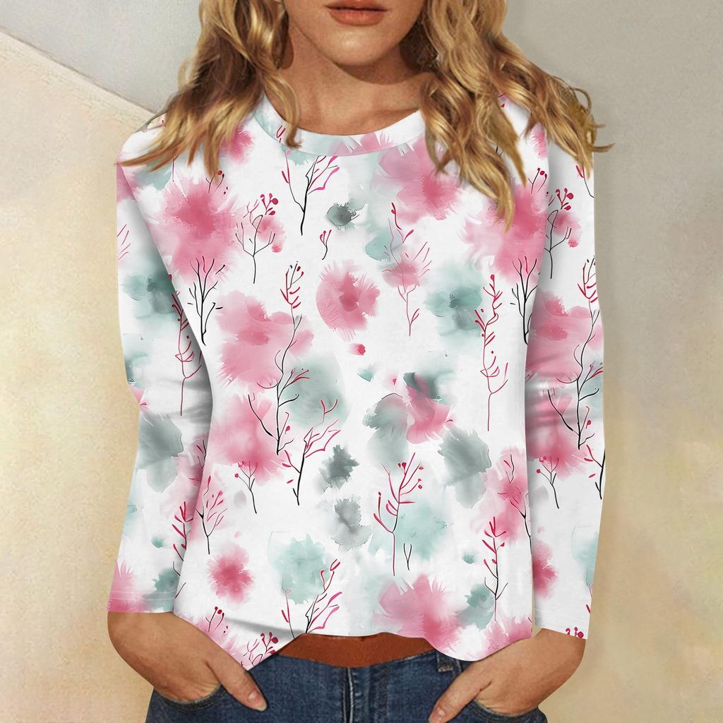 Женский модный повседневный пуловер с круглым вырезом и длинным рукавом с цветочным принтом