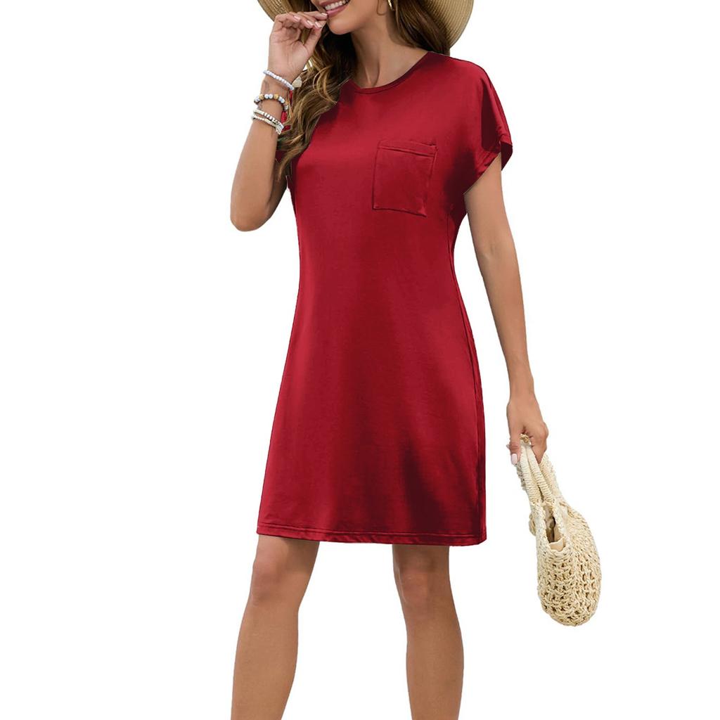 Женское модное повседневное летнее однотонное свободное платье с коротким рукавом и круглым вырезом