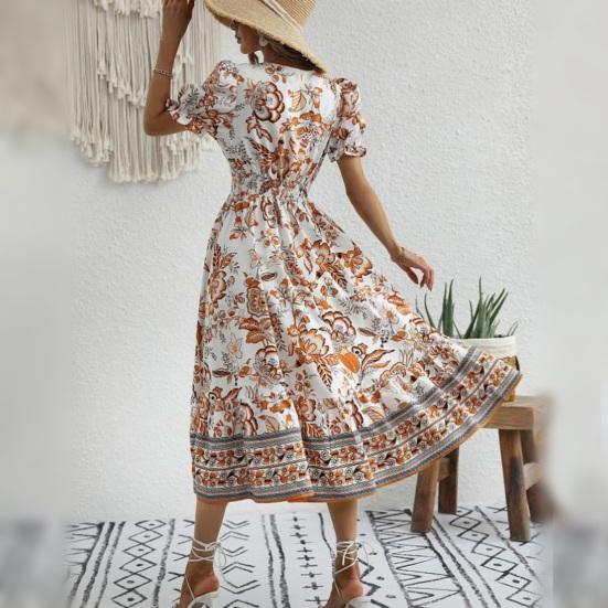 Женское платье миди с V-образным вырезом и короткими рукавами-фонариками в тон с цветочным принтом, с высокой узкой талией, трапециевидной формы, с большими качелями, для отпуска, выпускного вечера, летнего платья миди