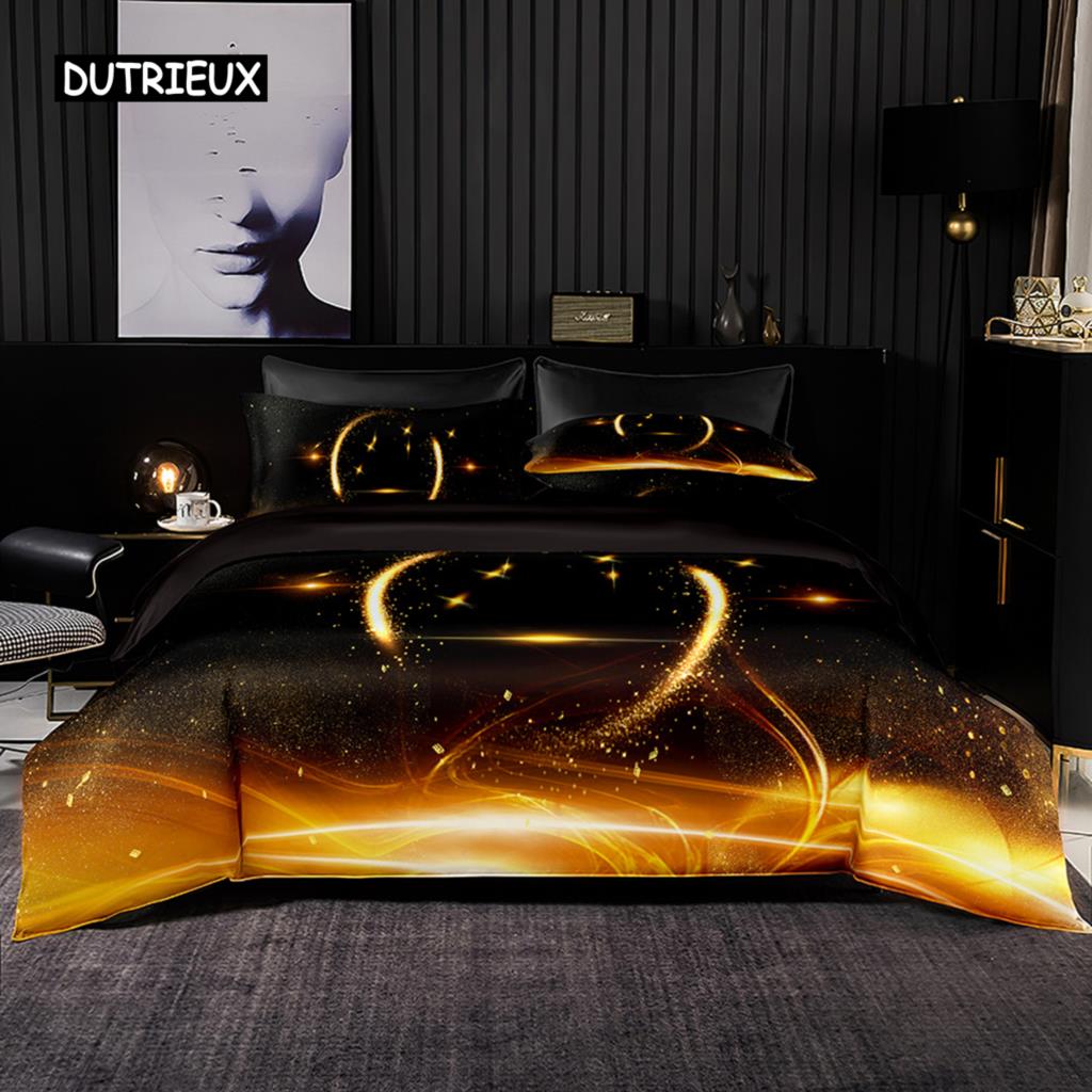 Textured Black Gold Floral Duvet Cover Set with Pillowcases Premium Bedding for Adults Men Women Gifts Bedroom Decoration