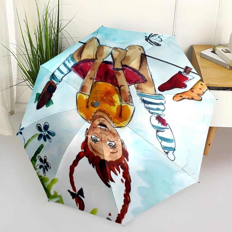 Pippi Longstocking Fashionable Automatic Opening/Closing Folding Umbrella. Portable and Foldable, Ideal for Gift, Travel, and Daily Use.