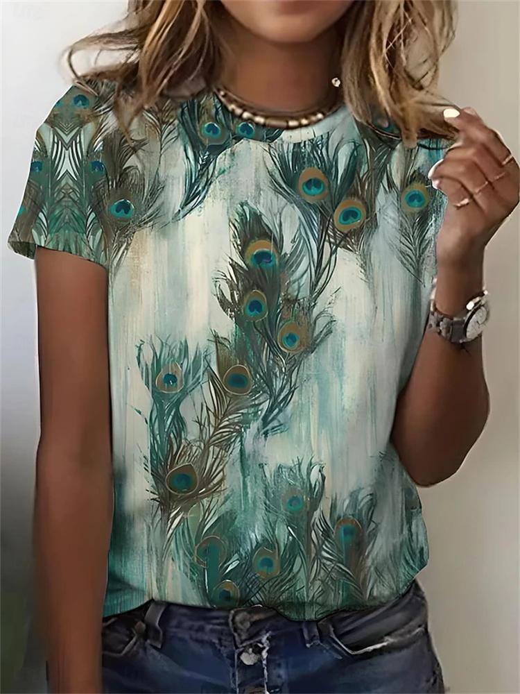Women's Summer Casual Round-Neck Short-Sleeve T-Shirt Simple Dragonfly Print Elegant T-Shirt Stylish Women's Top