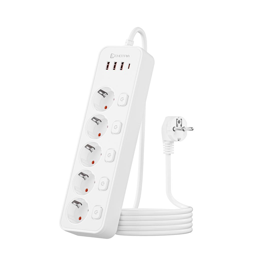 EU AC Plug 1.8M Extension Cord European Standard Independent Switch Multitap Power Strip Network Filter With USB C Ports Charging