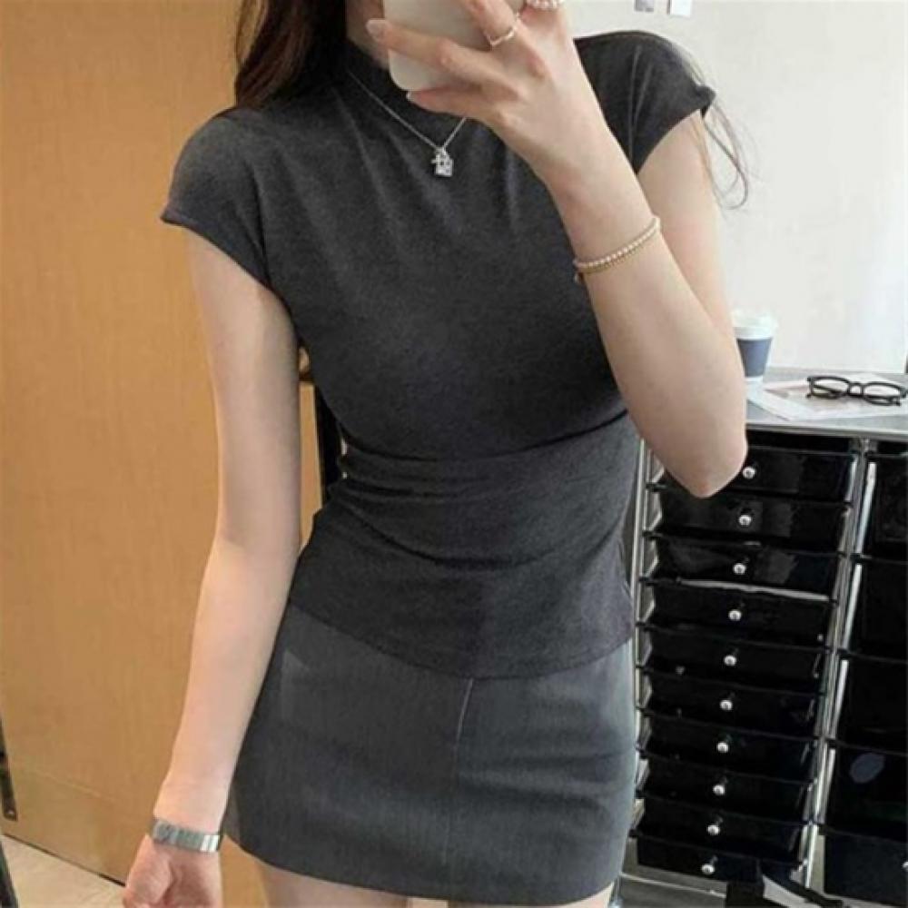 New Arrivals Open Run Women Basic Color Mock Neck Slim FiT Cap Sleeve T shirT