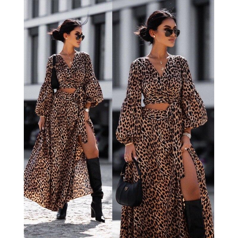Модное женское длинное платье с цветочным принтом и рукавами-фонариками, повседневное платье с v-образным вырезом и высокой талией, женское винтажное свободное платье с леопардовым принтом 26347