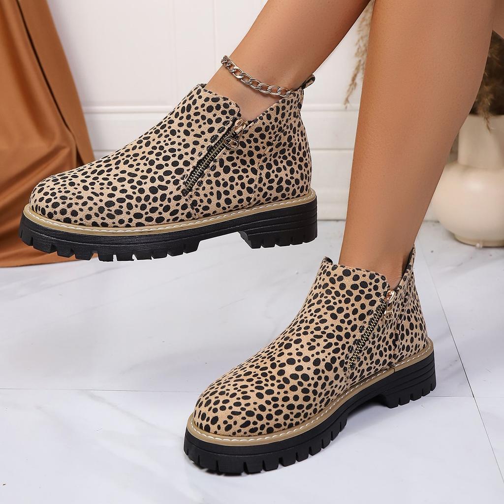 Leopard Print Plus Size Booties Women's Winter 2025 New Round Toe Side Zipper British Style Martin Boots
