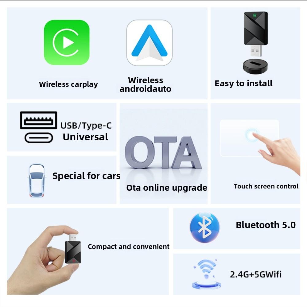 Беспроводной адаптер CarPlay Android Auto Box Преобразование проводного в беспроводной для автомобильной мультимедийной системы