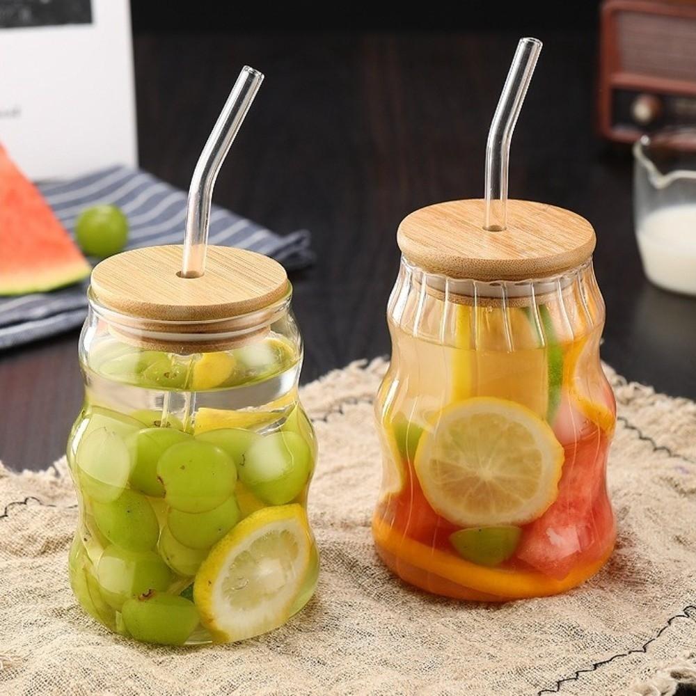 With Straw Glass Cup with Lid Wavy Design Juice Cup Valentine's Day Gift Coffee Cup Milk Cup