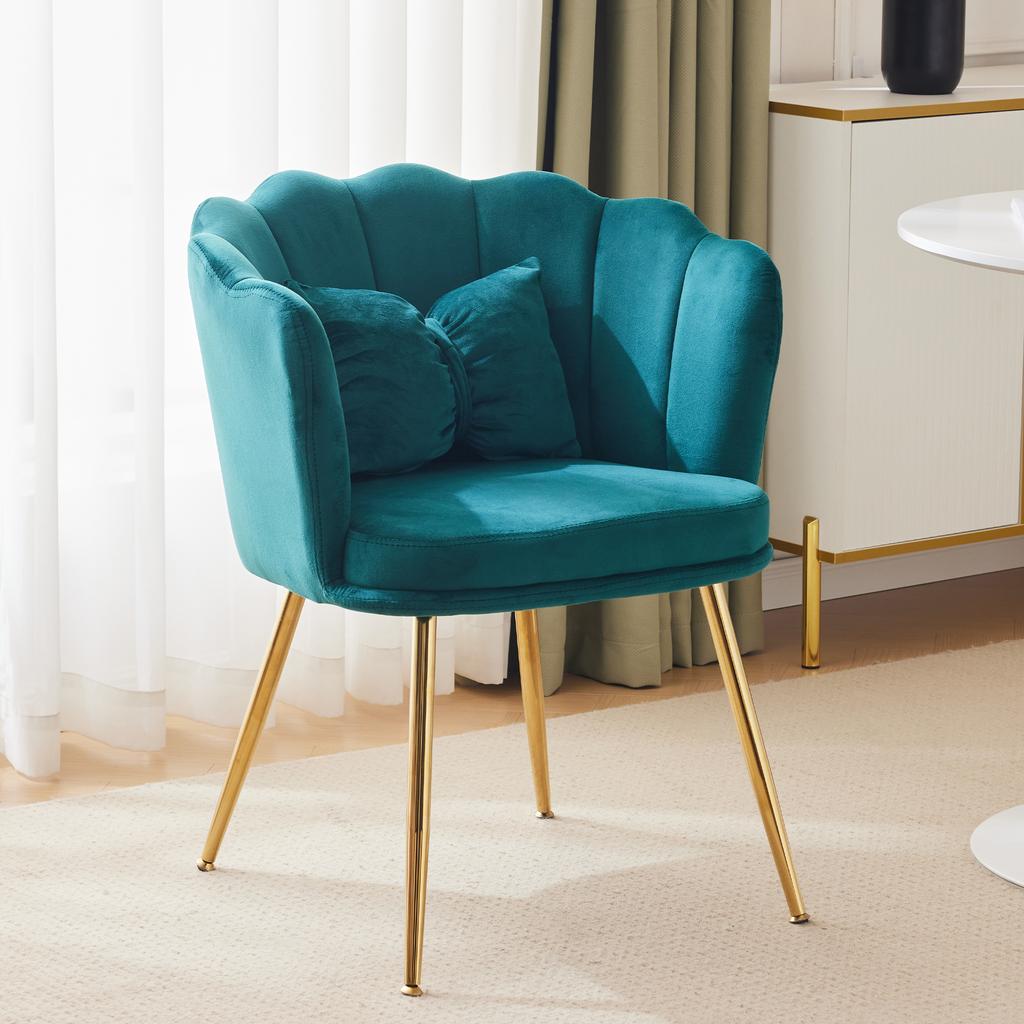 Modern Velvet Living Room Armchair, Upholstered Chair with Petal Backrest and Gold-Plated Metal Legs and Butterfly Cushion for Bedroom/Dining Room