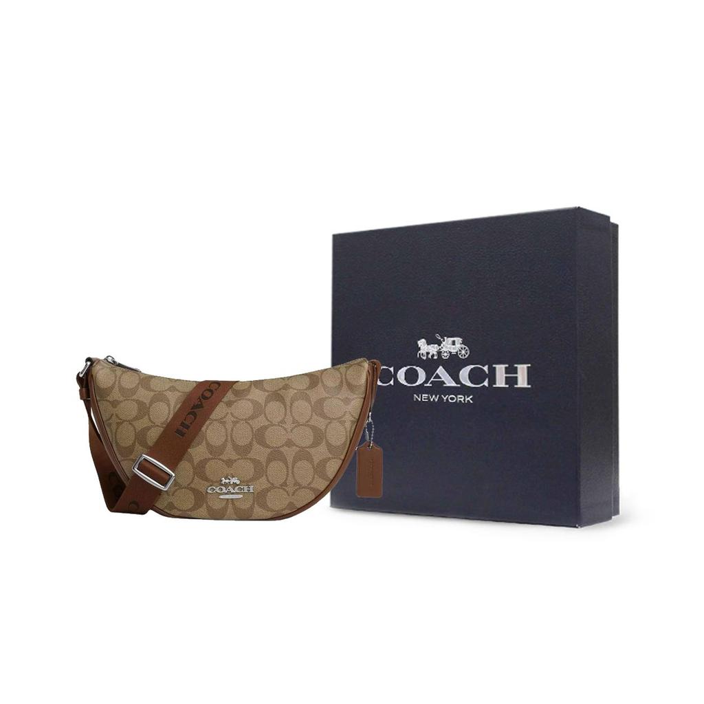 Coach Pace 29 Logo Zipper Closure Coated Canvas And Fine Calfskin Crossbody Shoulder Bag Large Women shoulder bag Silver Khaki Saddle CT643-SVWQ3
