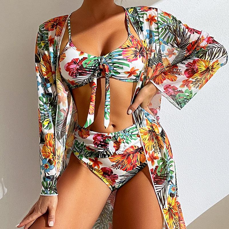 Sexy Women Beach Bikinis Three Pieces Bikini Set Cover Up Swimwear High Waisted Bikini Set Women Swimwear Print