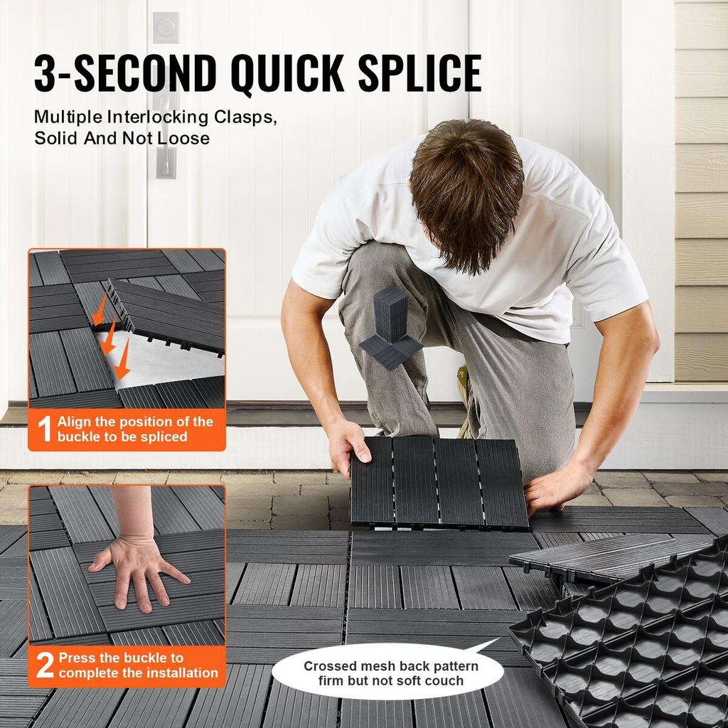 Interlocking Deck Tiles 36 Pack 12"x12" Plastic for Porch Dark Grey