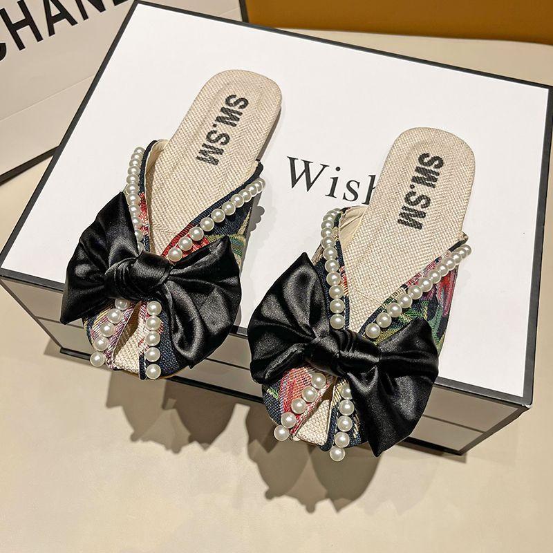 Small Floral Sandals Bag Head Half Slippers Women's Summer Wear New Year's New Bow Pearl Flat Bottom Fish Mouth Muller
