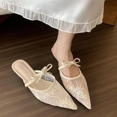 Французский бант сетка дышащая с сумкой для юбки голова полутапочки женская обувь 2025 весна и лето острый носок высокий каблук