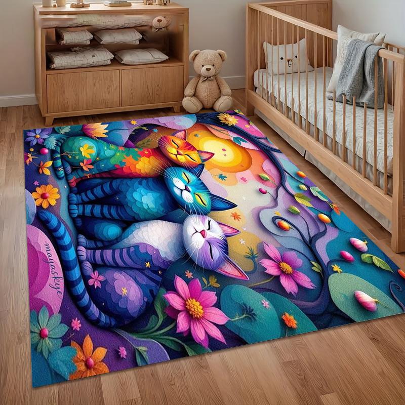 Cute Area Rug Carpet Soft Non Slip Rainbow Shooting Star Cat Floor Mat for Bedroom Living Room Kids Room Home Decor
