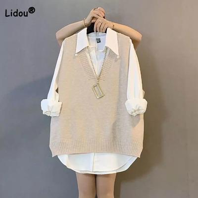 Осенний тренд, универсальный однотонный вязаный жилет, женская одежда, V-образный вырез, свободные, простые, безрукавные свитера для женщин