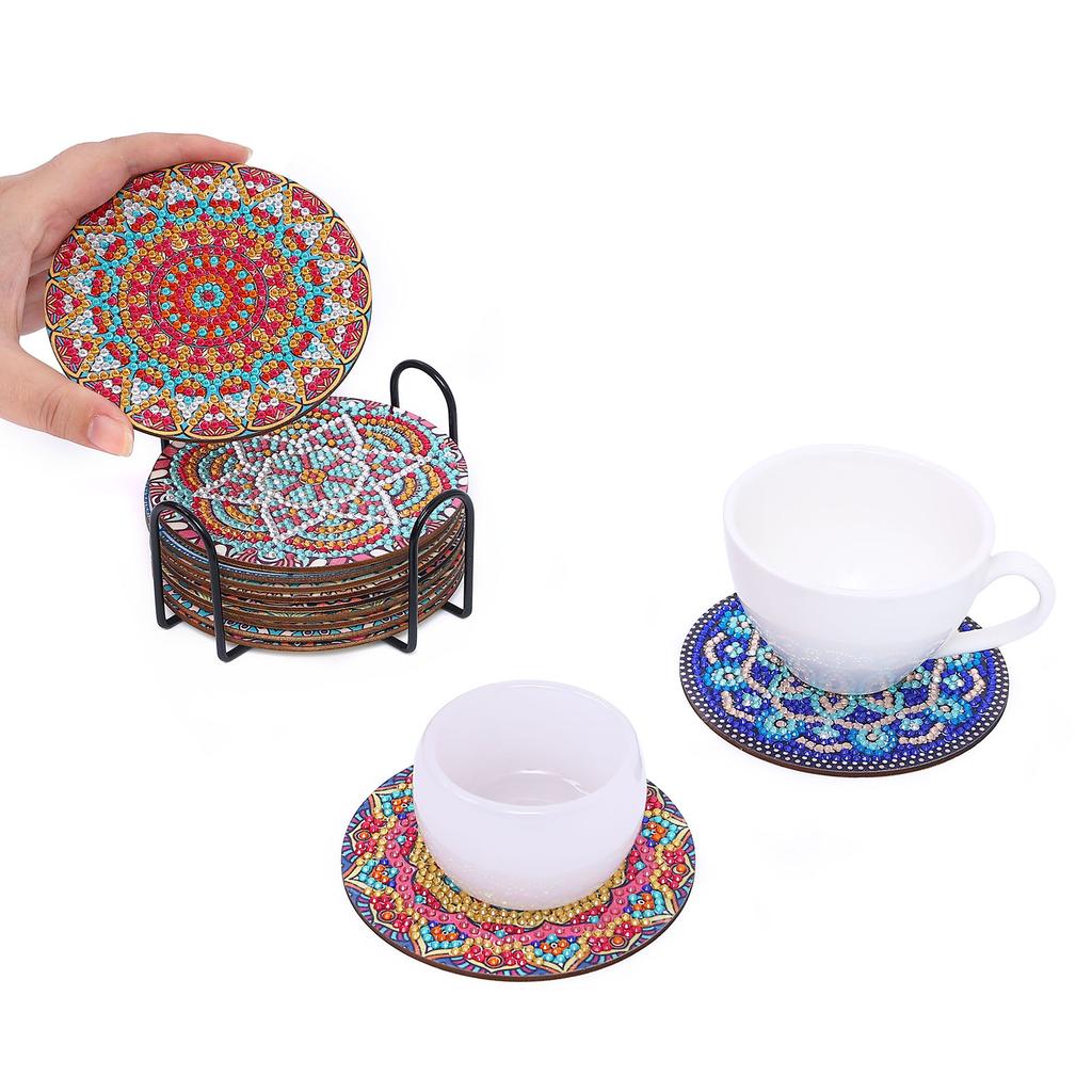 12 Pieces of Round Mandala Pattern Artificial Diamond Painted Wooden Wooden Table Art Coaster with Bracket