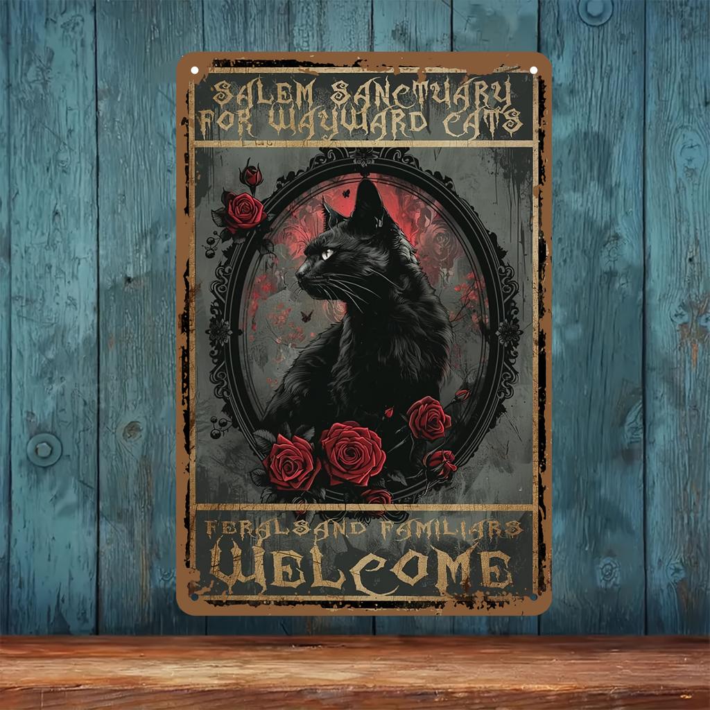 Приют Салем для заблудших кошек Винтажная металлическая вывеска, Железный настенный декор, Предварительно просверленная жестяная табличка с готическим