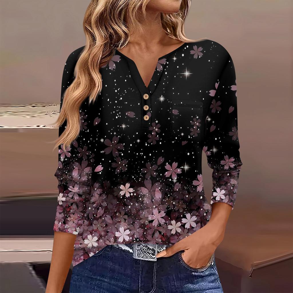 Женская футболка с длинным рукавом на пуговицах, повседневная, выходного дня, модная, базовая, с V-образным вырезом, обычная, с карманом