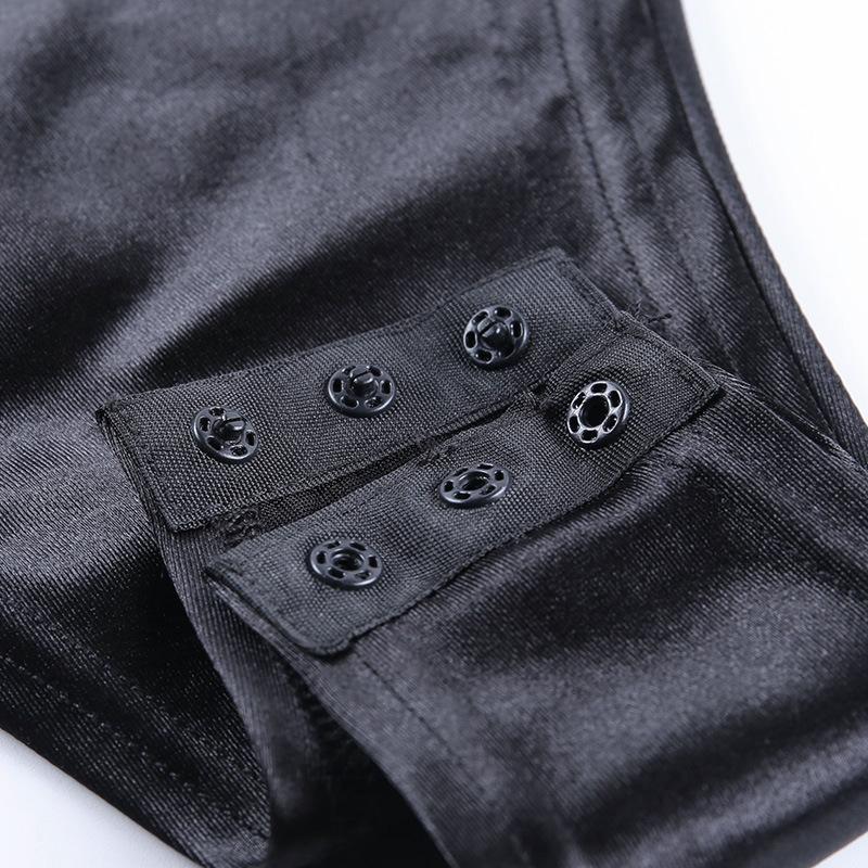 Цельный комбинезон, женское боди, готический черный тонкий боди с высокой горловиной и молнией сзади, женская черная футболка с длинными рукавами