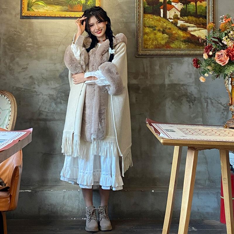 Thickened Warm Shawl Cloak Retro Plaid Hooded Large Fur Collar Coat Women's Clothing