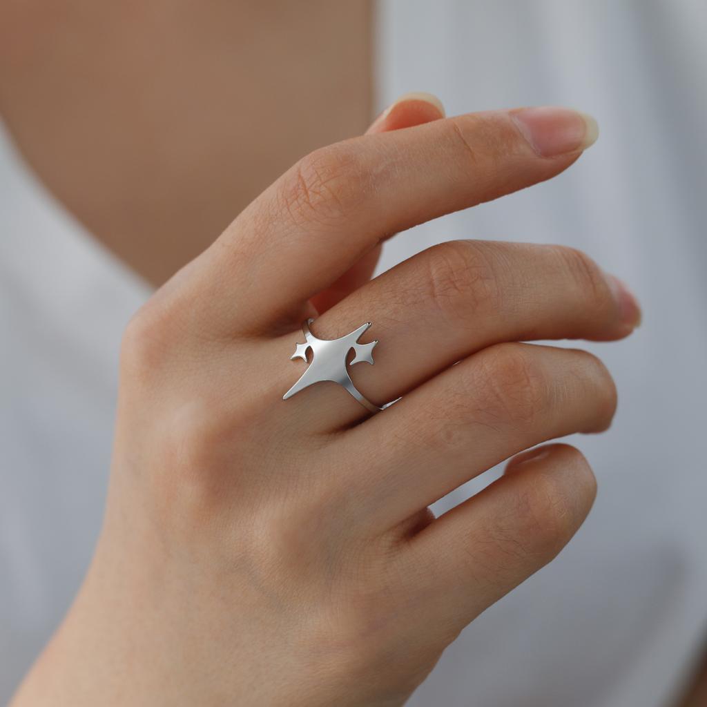 Four Pointed Star Ring Stainless Steel Boho Minimalist Band Rings Kpop Jewelry Birthday Gift for Lover Friends