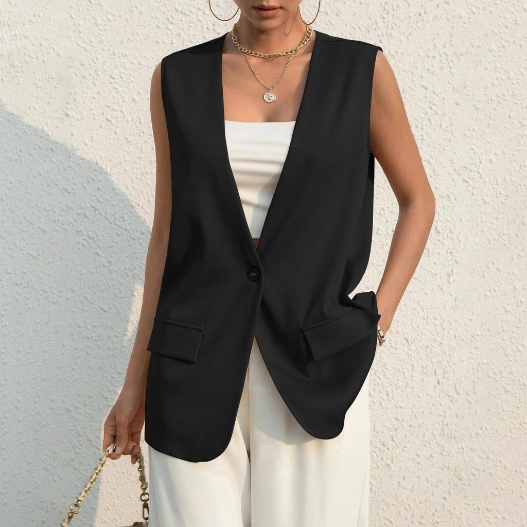 Ladies Summer Suit Jacket Work Casual Sleeveless V-Neck Single Button Solid Color Suit Vest
