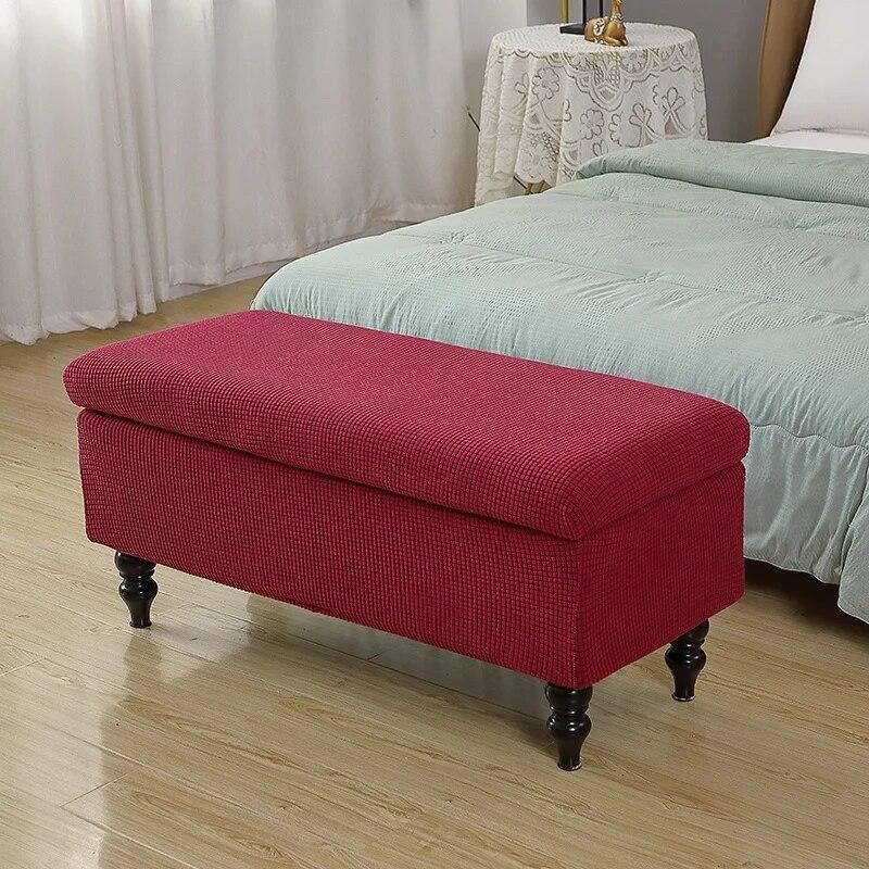 Solid Color Storage Ottoman Covers Rectangle Elastic Bedside Footstool Cover Non-Slip Polar Fleece Footrest Seat Bench Slipcover