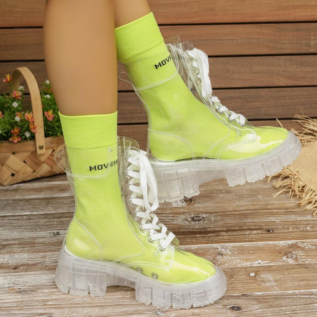 Модные весенние и осенние женские сапоги с щиколоткой, модные прозрачные кружевные сапоги 2024 года, новые уличные женские сапоги с толстой подошвой