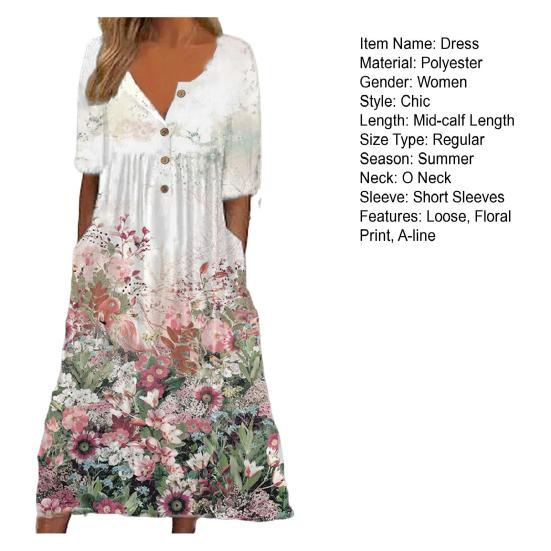 Summer Women Dress A-line Loose Hem Pleated O Neck Button Short Sleeve Loose Side Pockets Retro Floral Print Mid-calf Length Commute Beach Midi Dress