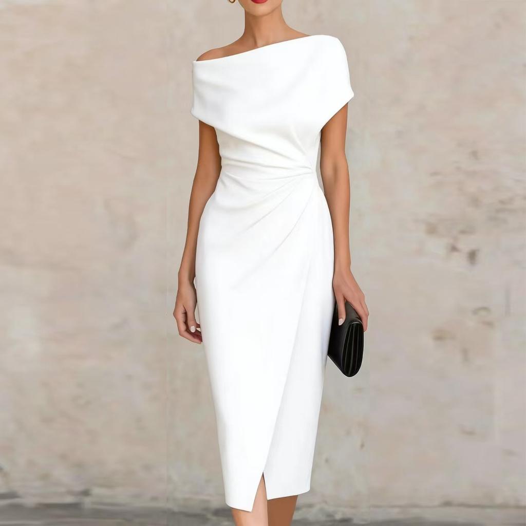 Women’s Off Shoulder Midi Dress Asymmetrical Hem Ruched Bodycon Elegant Cocktail Party Dress for Formal Events