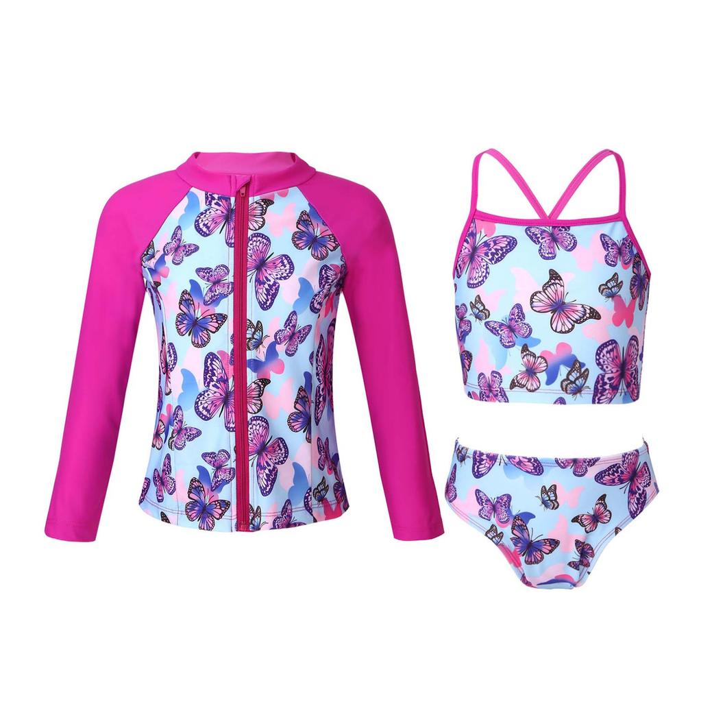 3pcs Kids Girls Swimsuit Sun Protection Rash Guard Shirt Bathing Suit Long Sleeves Coat with Vest Top and Briefs