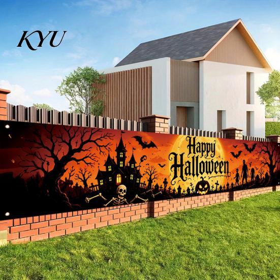 Holiday Home Decor Props Halloween Fence Banner, 118 x 20 Inch Large Yard Sign Banner Flag, Scary Spooky Theme Backgrounds Party Backdrop Hanging