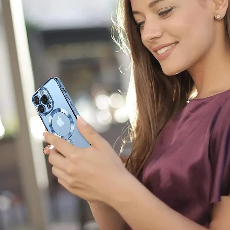 Прозрачный магнитный чехол для iPhone 16 15 14 13 12 11 Pro Max Plus, защита линз для чехлов с беспроводной зарядкой Magsafe