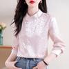 Acetic Acid Satin Long-sleeved Base Shirt for Women New Chinese Style Spring New Style Stand Collar Red Top